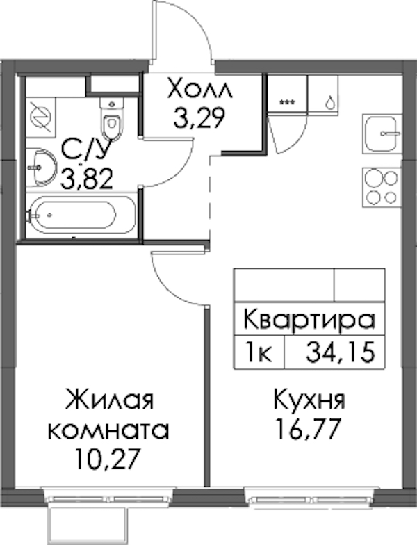 1-комнатная квартира 34.15 м², 11/12 эт., ЖК «Таллинский парк»